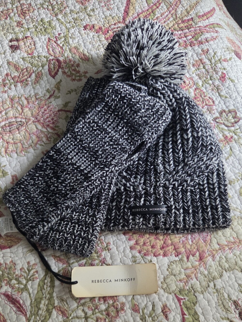 Rebecca Minkoff Black & White Knit Pom Beanie with Matching Mittens